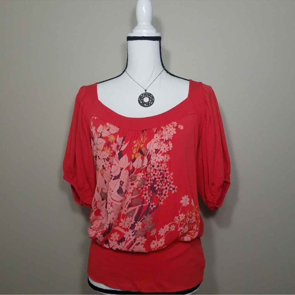 Language Red Floral Print Boho Top Sz Small Anthropologie Modcloth